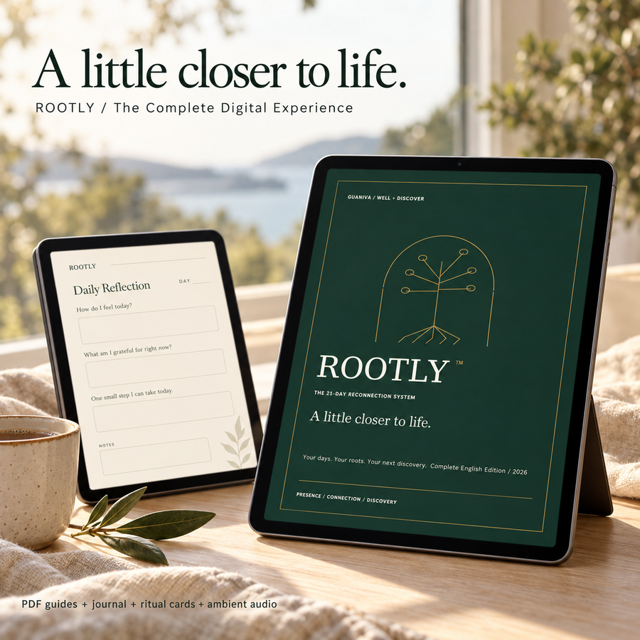 ROOTLY complete English digital experience: guide and fillable journal. Devices not included.