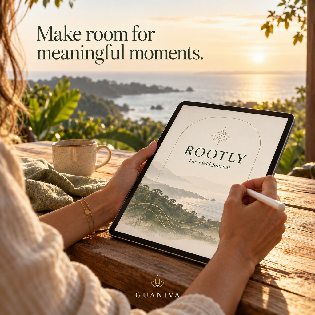 Creative ROOTLY digital journal mockup on a tablet beside a coastal view. Devices not included.