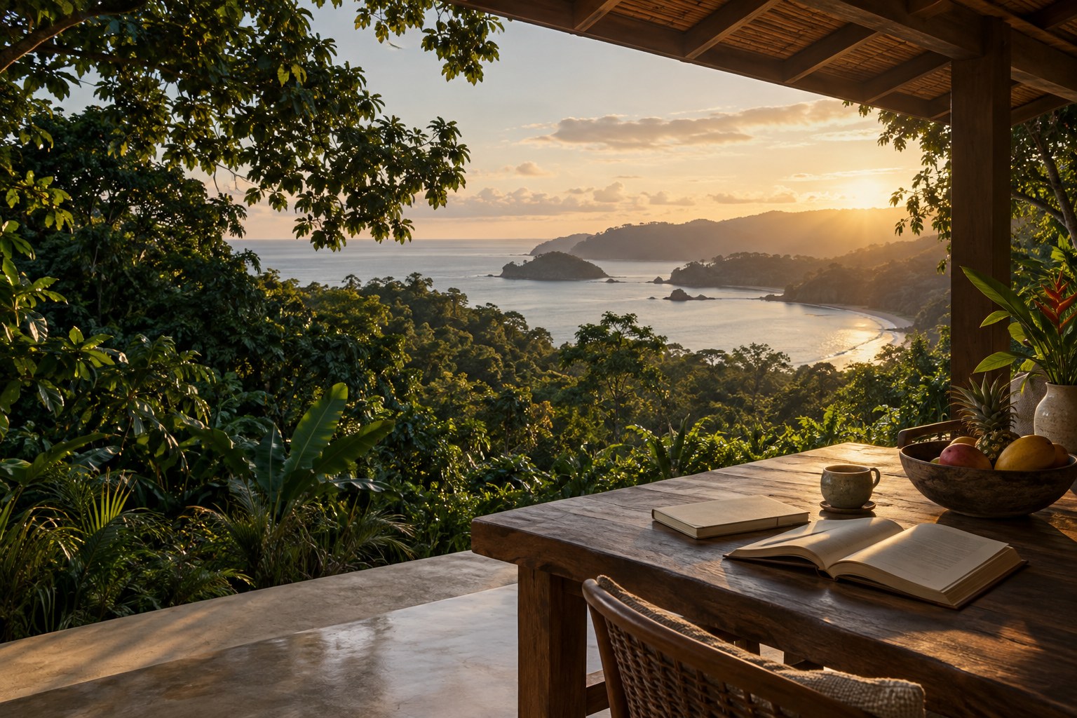 A quiet veranda overlooking forest and ocean, creative imagery inspired by Nicoya
